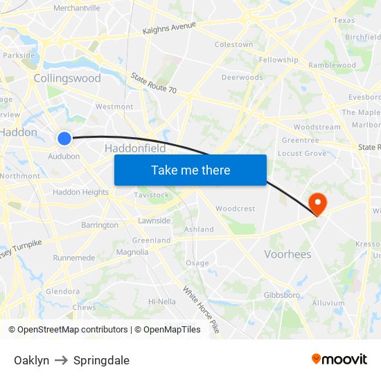 Oaklyn to Springdale map