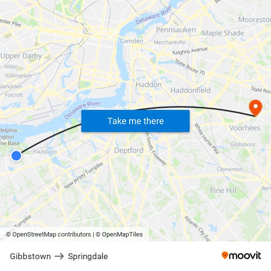 Gibbstown to Springdale map