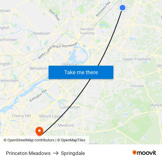 Princeton Meadows to Springdale map