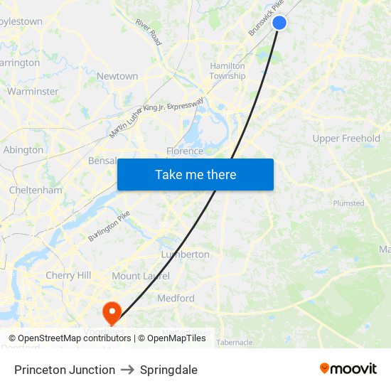 Princeton Junction to Springdale map