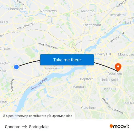 Concord to Springdale map