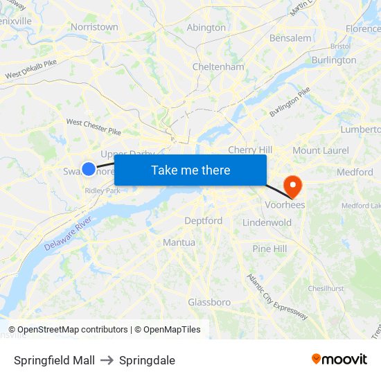 Springfield Mall to Springdale map