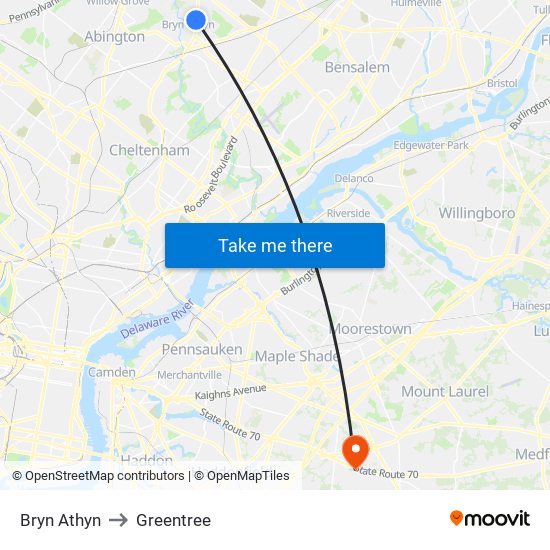 Bryn Athyn to Greentree map