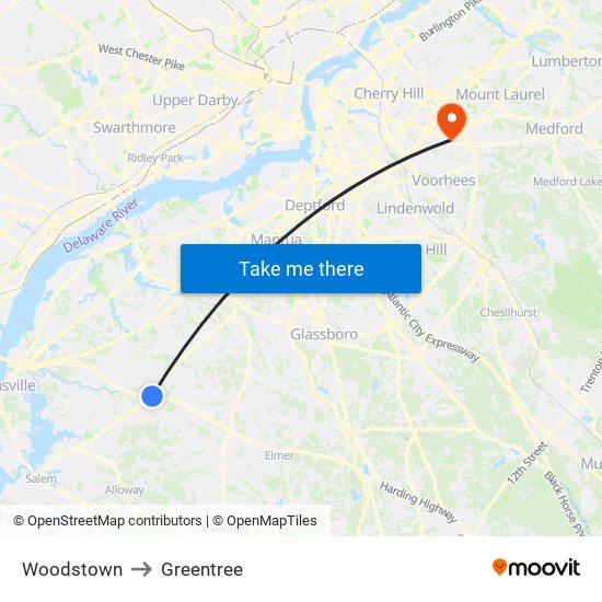 Woodstown to Greentree map