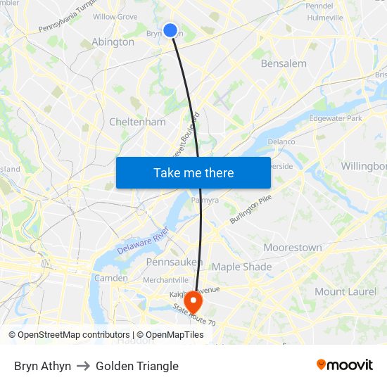 Bryn Athyn to Golden Triangle map
