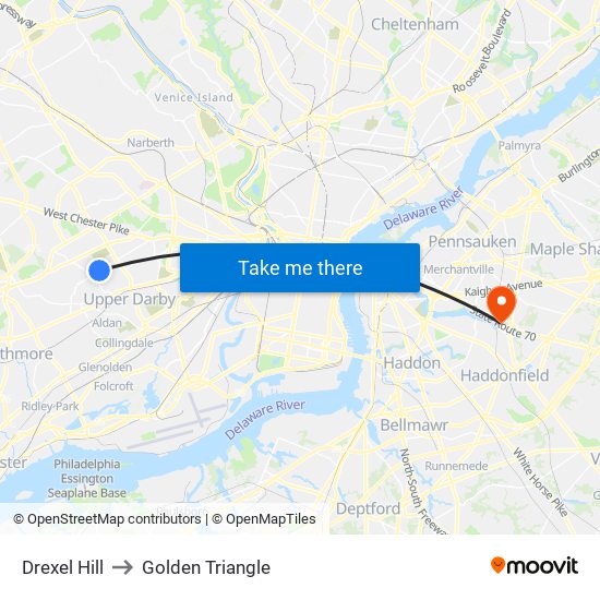 Drexel Hill to Golden Triangle map