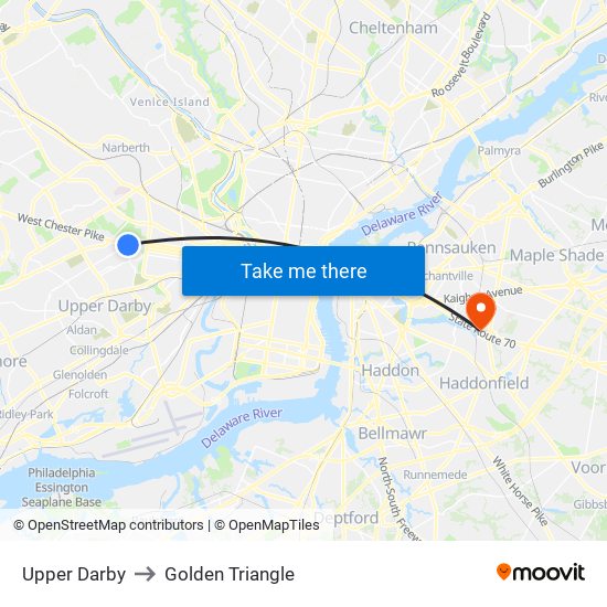Upper Darby to Golden Triangle map