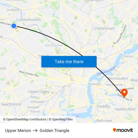 Upper Merion to Golden Triangle map