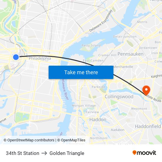 34th St Station to Golden Triangle map