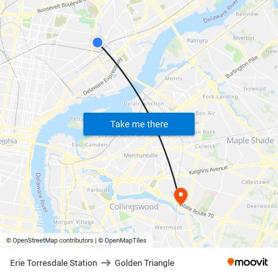 Erie Torresdale Station to Golden Triangle map