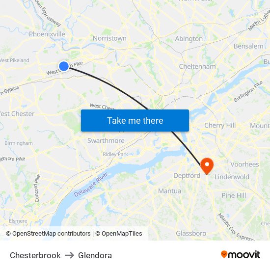 Chesterbrook to Glendora map
