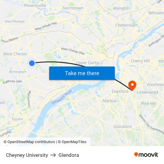 Cheyney University to Glendora map