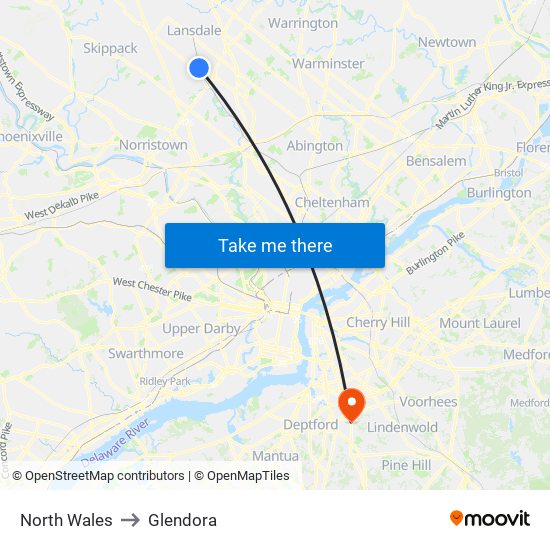 North Wales to Glendora map