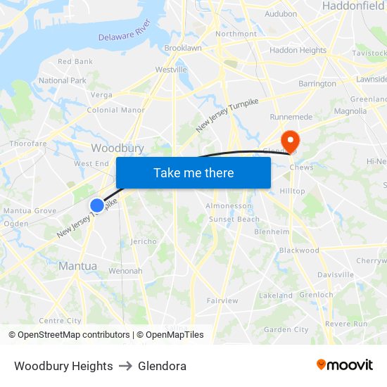 Woodbury Heights to Glendora map