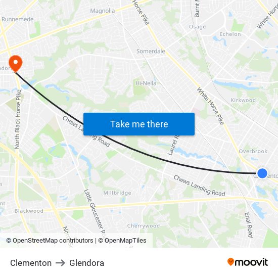 Clementon to Glendora map