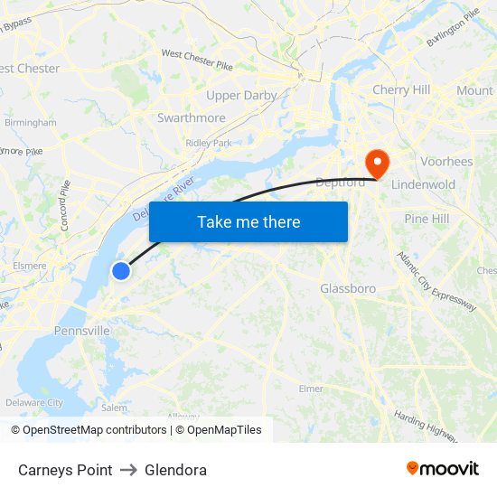 Carneys Point to Glendora map