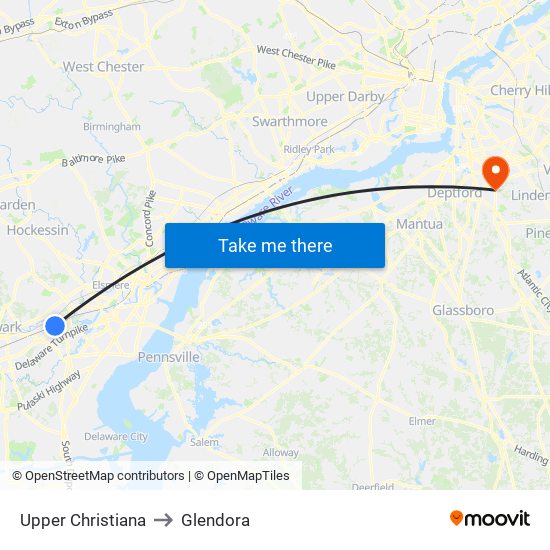 Upper Christiana to Glendora map