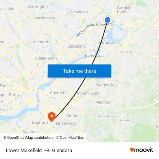 Lower Makefield to Glendora map
