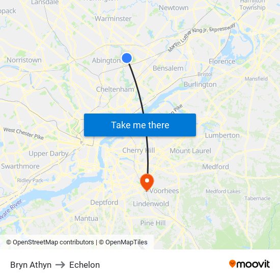 Bryn Athyn to Echelon map