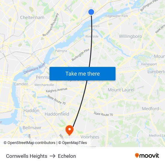 Cornwells Heights to Echelon map