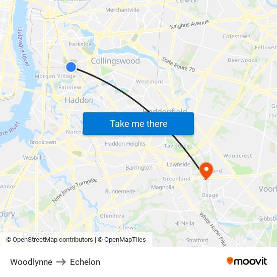 Woodlynne to Echelon map
