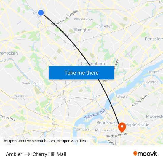 Ambler to Cherry Hill Mall map