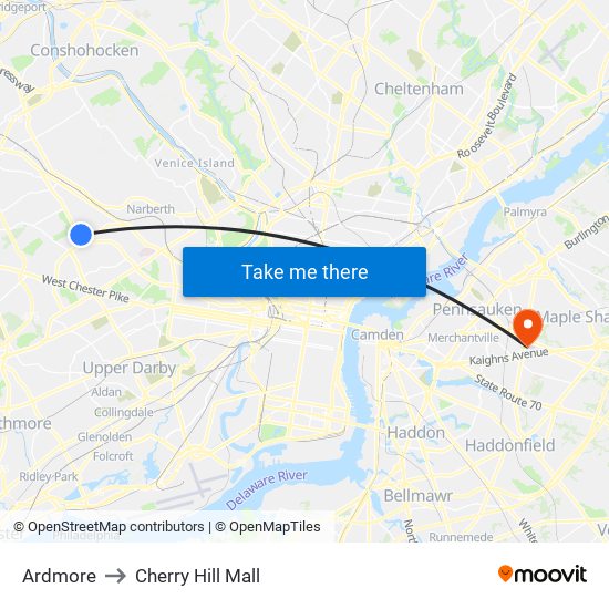 Ardmore to Cherry Hill Mall map