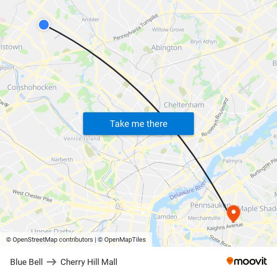 Blue Bell to Cherry Hill Mall map