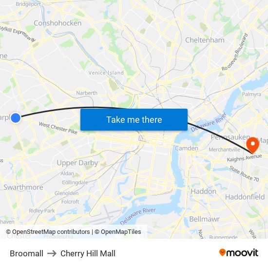Broomall to Cherry Hill Mall map