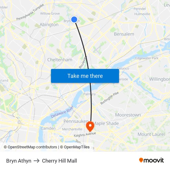 Bryn Athyn to Cherry Hill Mall map
