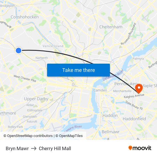 Bryn Mawr to Cherry Hill Mall map