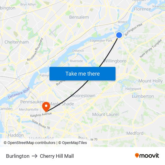 Burlington to Cherry Hill Mall map
