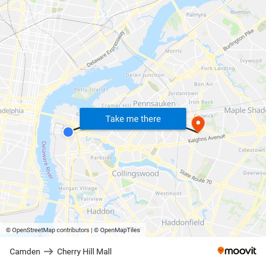 Camden to Cherry Hill Mall map