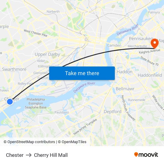 Chester to Cherry Hill Mall map