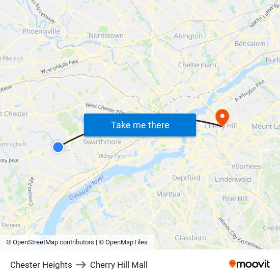 Chester Heights to Cherry Hill Mall map