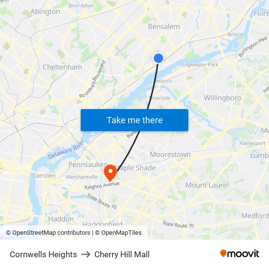 Cornwells Heights to Cherry Hill Mall map