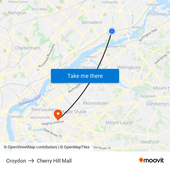 Croydon to Cherry Hill Mall map
