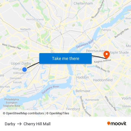 Darby to Cherry Hill Mall map