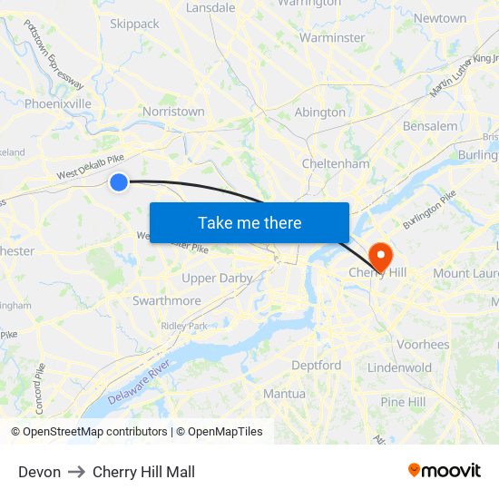 Devon to Cherry Hill Mall map