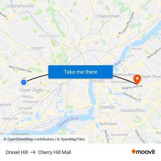 Drexel Hill to Cherry Hill Mall map