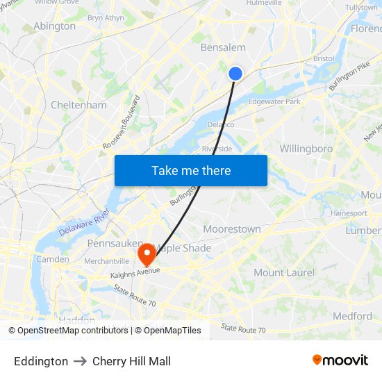 Eddington to Cherry Hill Mall map