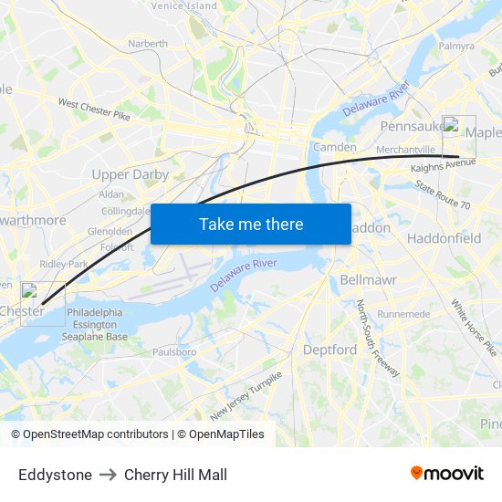 Eddystone to Cherry Hill Mall map