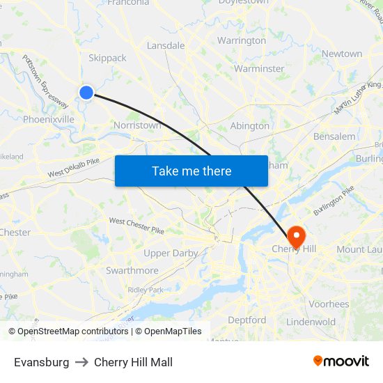 Evansburg to Cherry Hill Mall map