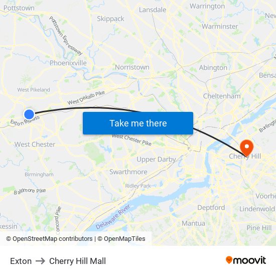 Exton to Cherry Hill Mall map