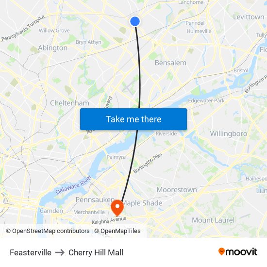 Feasterville to Cherry Hill Mall map