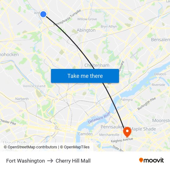 Fort Washington to Cherry Hill Mall map