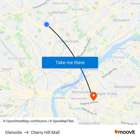 Glenside to Cherry Hill Mall map