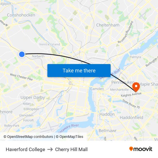 Haverford College to Cherry Hill Mall map