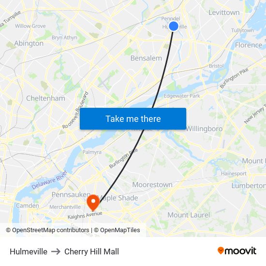 Hulmeville to Cherry Hill Mall map