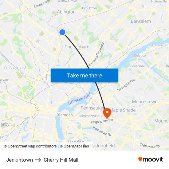 Jenkintown to Cherry Hill Mall map